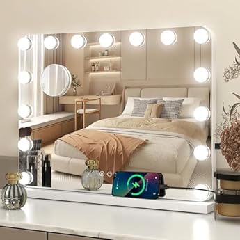 Foto di YU YUSING Specchio Trucco con Luci Hollywood, 58X45cm Specchio 15 Lampadine Led Trucco USB, 3 Temperature di Colore, Specchio da Tavolo 10X, Specchio Cosmetico da Parete, Angolo Arrotondato, Bianco
