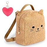 AVMONI Kids Backpack Cat Mini Backpack for toddler Terry Kitten Kitty Sherpa Kitten with Fluffy Heart Keychain for Daycare Soft Backpack, Light Brown