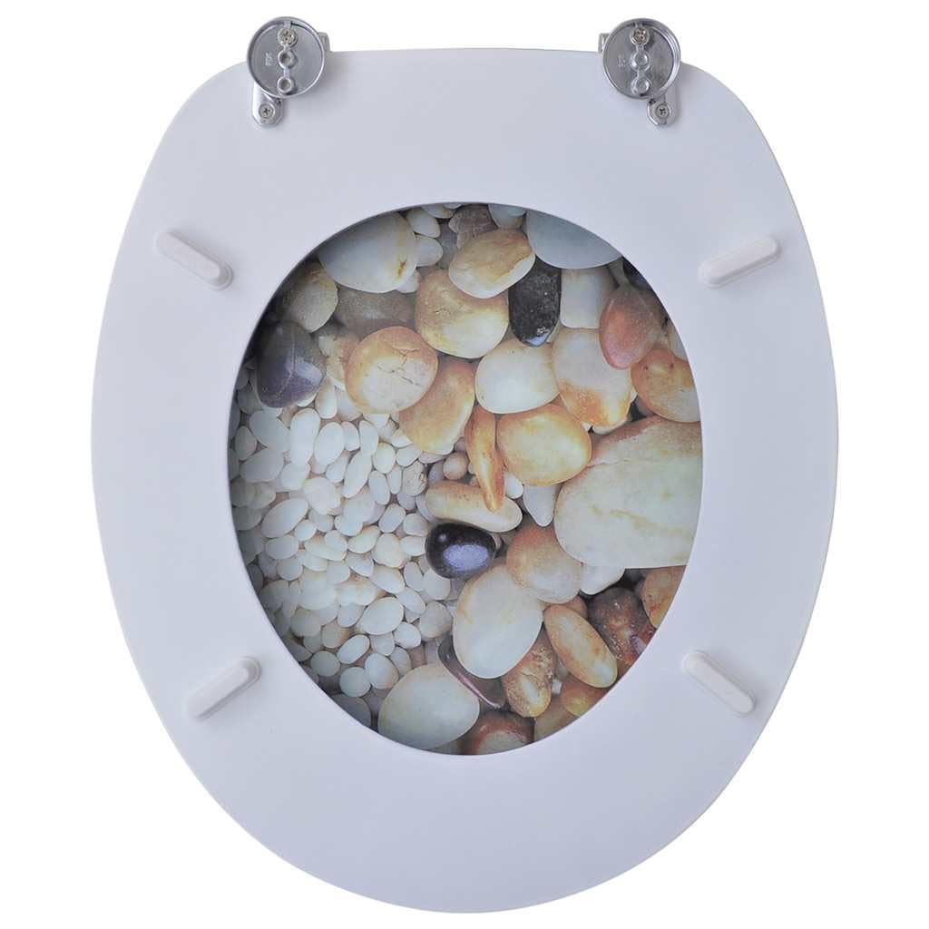 Sedile WC con coperchio, 2 pezzi, in MDF, ciottoli, cerniere regolabili da 12 a 20 cm, facile da pulire e da montare