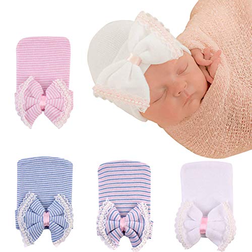 Image of upeilxd Newborn Hospital Hat Infant Baby Hat Caps with Bow Soft Cute Nursery Beanie Hat