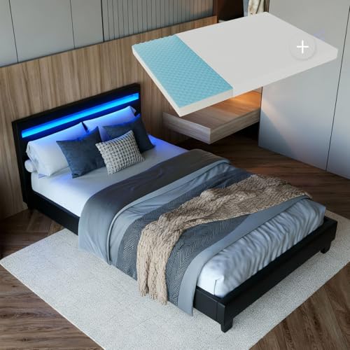 Juskys Polsterbett Paris 120x200 cm - Bett komplett mit LED-Beleuchtung,...