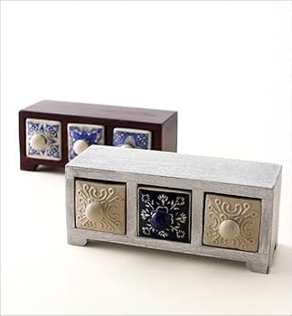 陶器の引き出しがついている木製ミニチェスト インド ジャイプール陶器のミニチェスト(引き出しBOX 3個） ②