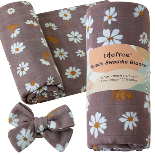 Image of LifeTree Baby Muslin Swaddle Blankets for Girls, Newborn Swaddle Set with Matching Headband Bow, Infant Receiving Blanket Wrap, 47 x 47 inches, Mauve Daisy, 70% Viscose from Bamboo and 30% Cotton