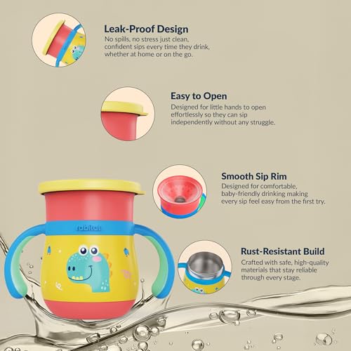 Image of rabitat Sip Around Personalized Stainless Steel Sipper 390ml | 2 Years Brand Warranty | Leak Proof | BPA Free | Sippy Cup for Kids with Soft Silicone Rim | Ergonomic Design, Dino Dash