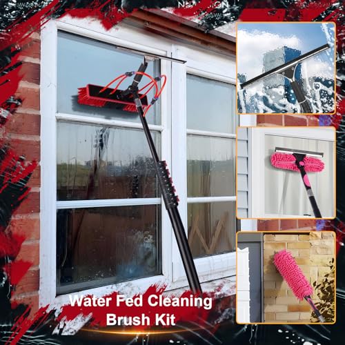Image of 30ft Long Reach Solar Panel Cleaning Brush Kit, Telescopic Water Fed Pole, Squeegee & 2 Dusting Brushes for Window Outdoor Roof Cleaner Kit