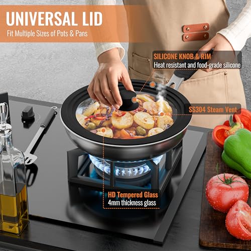 CnSneg Universal Lids for Pots, Pans and Skillets, 10.5", 11" and 12" Pan Lid, Tempered Glass Pot Lid with Silicone Rim Heat Resistant, Replacement Pan Cover for Frying, Wok, Crock Pot Lid, Black — view 2