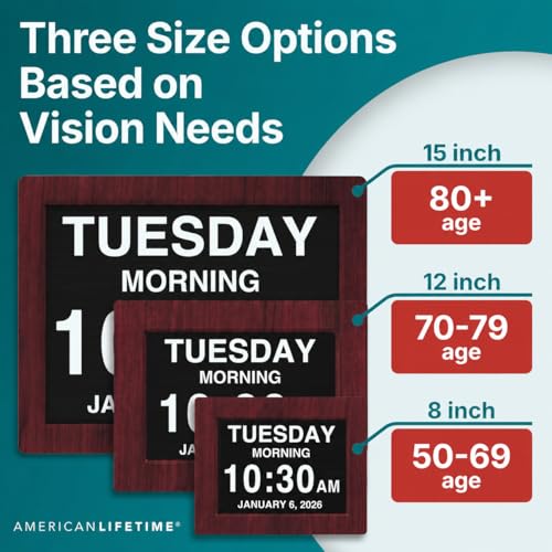 Image of American Lifetime, New Version, Day Clock Extra Large Impaired Vision Digital Clock with Battery Backup and 5 Alarm Options, Premium Mahogany Color, 8 inch