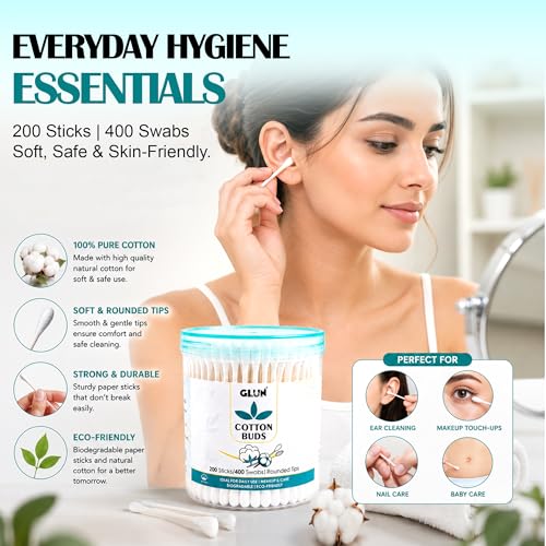 Image of Safety Cotton Ear Cleaning Buds, Pack of 1 (200 Buds), Large Tips for Cleaning Earwax, Makeup Remover for Newborn Babies, 100% Organic Cotton