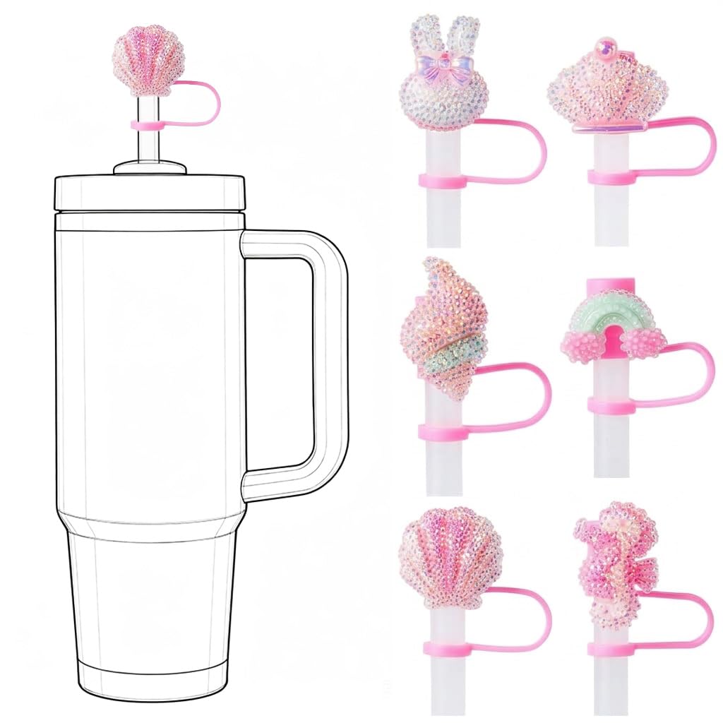 HASTHIP® Glitter Pink Straw Cover Caps Silicone Straw Toppers for Kids Party-image-12