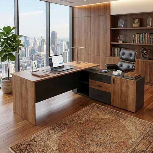Image of FFO Executive L-Shaped Office Desk with Storage Cabinet | Premium Wooden Manager Table for Home & Office | Large Workstation with Drawers & Cupboard | Modern Boss Desk (Black & Coach Wood)