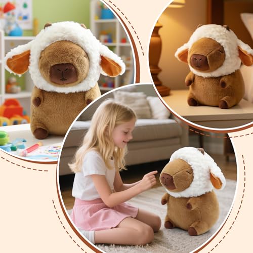 Image of Capybara Plush, Cute Capybara Plush Toy Wear Removable Lamb Hat, Kawaii Soft Capybara Plushie Pillow, 14 inch Capybara Stuffed Animal Hugging Plushy Gifts for Kids Adults (Medium)