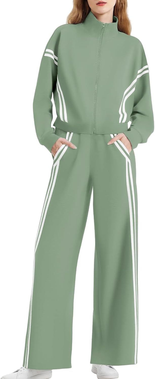 Women's 2 Piece Lounge Outfits Contrast Striped Sweat Set Zip Up Sweatshirt Wide Leg Pants Sweatsuits Tracksuit