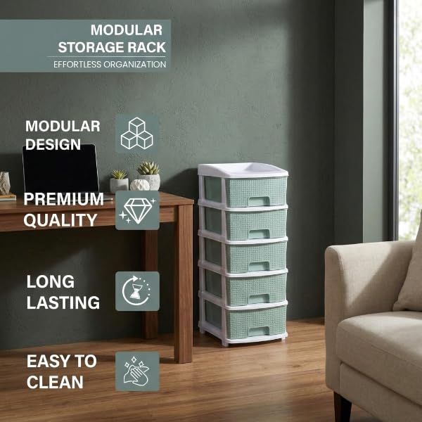 Image of Plastic Modular Drawer Storage Chest Of Drawers Organizer Storage Box, Large Stomo Racks For Multipurpose Anti-slip Shoes Organizers (Green, 5 Layer)