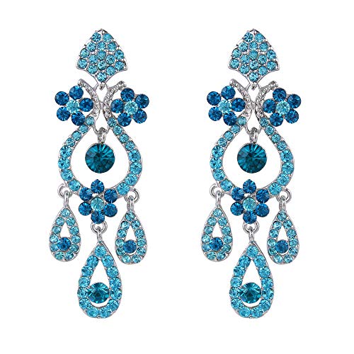 EVER FAITH Bridal Flower Vase Chandelier Pierced Dangle Earrings Austrian Crystal Blue Silver-Tone
