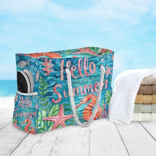 Image of Beach Tote Bags for Women, Turtle Flower Starfish Large Beach Shoulder Bag Pool Bags Purse