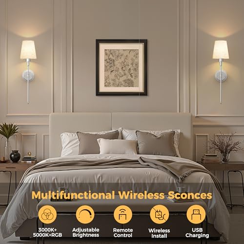 Image of DORESshop Battery Operated Wall Sconce Set of 2, 7 Color Wireless Wall Light Easy to Install, Sconce Wall Decor Set of 2 for Bedroom, Living Room, Fabric Linen Shade, Chrome, 24.6in