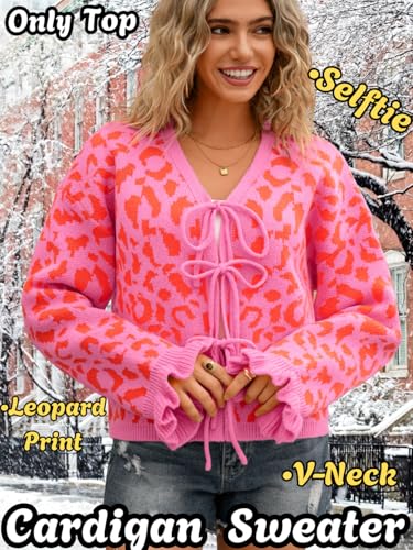 Womens 2000s Bow Cardigan, V-Neck Tie Open Front Loose, Leopard Ruffle Cuffs Knit Sweater, Cute Valentines Outfit2