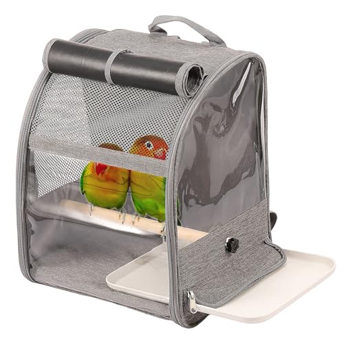 Bird Carrier Backpack, Small Bird Travel Cage Carrier, Pet Backpack Carrier w Upgraded Tray & Standing Perches, Breathable Portable Parrot Cockatiel Carry Transport Bag for Vet Visit Shopping Camping