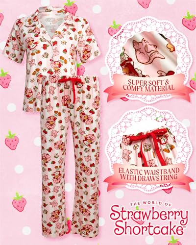 Womens Pajama Sets - 2 Piece Strawberry Shortcake Soft Stretch Button Down Sleep Shirt and Pajama Pants for Women2