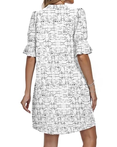 AUSELILY Women's Shift Dresses V Neck Ruffle Short Sleeve Casual Summer Dress with Pockets, White Print M — view 5