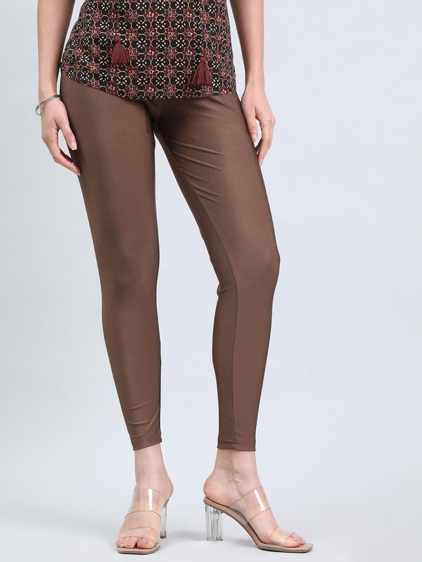 Image of GO COLORS Soft Nylon Stretch Shimmer Ankle Length Leggings for Women | Smooth & Shiny, Mid Rise