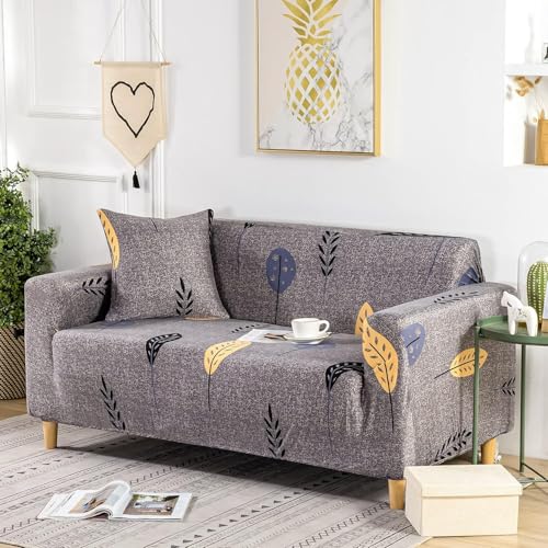 Image of TONY STARK Sofa Cover One 3 Seater and Two 1 Seater Fully Covered Universal 5 Seater for Living Room Non-Slip Sticky Elastic Stretchable Sofa Set Slipcover Protector (3+1+1 Seater, Grey Mustard Leaf)