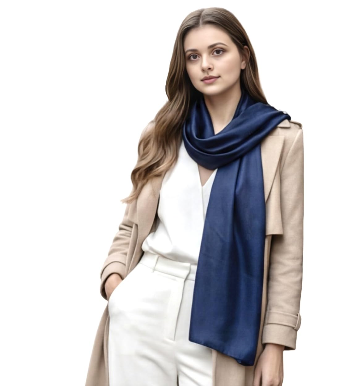 Foulard en soie pour femme - 100 % soie - Couleur unie - Blanc et noir - 180 x 90 cm - Couleur unie - Pour costume formel - Style professionnel - Cadeau pour elle