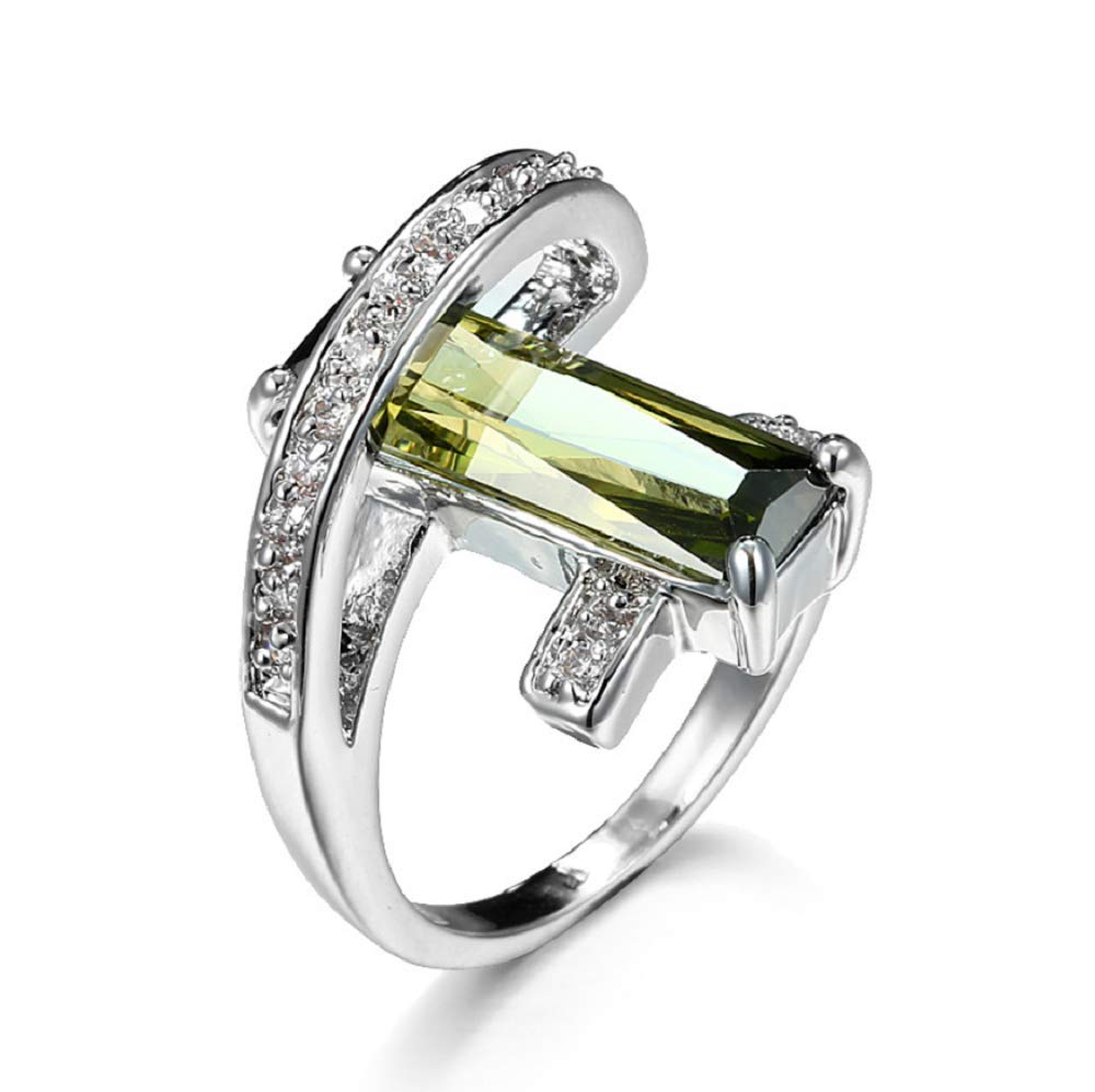 FinemallWomen's Men Fashion 925 Silver Platinum Plated Square Cut Solitaire Olive Green CZ Stretch Unique Design Promise Ring Anniversary Engagement Band Size 6-10 (US Code 8)