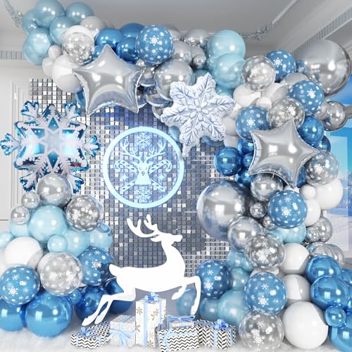 Jobkoo Snowflake Balloon Garland Arch Kit Winter Snowflake Balloons with Silver Blue White Snow Confetti Latex Balloon for Winter Wonderland Christmas Baby Shower Princess Birthday Party Decor