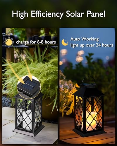 Homemory Solar Lanterns Outdoor Waterproof Hanging with Flickering Flameless Candles, 2 Pack 13'' Garden Outdoor Lantern Decorative for Patio Front Porch Backyard Balcony Cabin Outside Table(Black) - Image 5