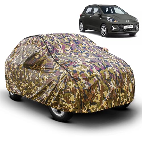 Image of FABTEC Car Body Cover for Hyundai Grand I10 Nios Jungle Print with Soft Cotton Lining Waterproof Car Cover UV & Rain Protection with Mirror Pocket Bottom Elastic (Military /Camouflage Pattern)