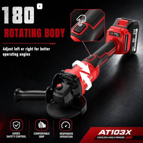 Image of AOBEN 21V Cordless Angle Grinder 4-1 /2 Inch, Power Brushless Cut Off Tool Kit, with 180 Rotating Body, Paddle Switch, 2x4.0Ah Battery & Charger, for Metal Cutting, Grinding, Polishing