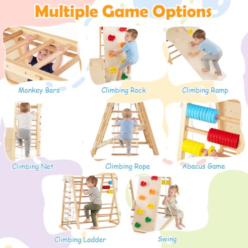 Image of Costzon Indoor Playground, 8-in-1 Foldable Indoor Jungle Gym for Kids | Montessori Jungle Gym Beech Wood Climbing Toys for Toddlers w /Slide, Monkey Bars, Playground Climber Playset for Kids Gifts