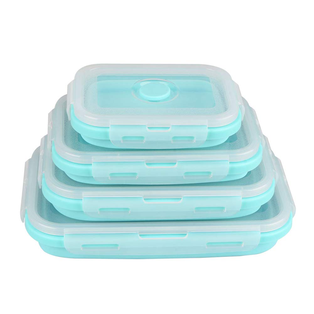 Set di 4 contenitori per alimenti pieghevoli in silicone, adatti a microonde, congelatore e lavastoviglie, ideali per preparare i pasti, freschezza e risparmio di spazio (blu)