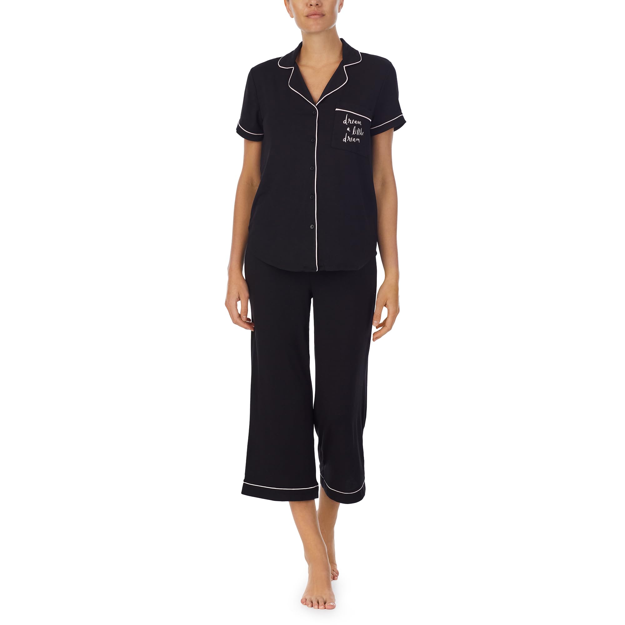 kate spade new york Pajamas for Women 2 Piece Set - Recycled Poly Jersey Notch Collar Short Sleeve Button Top & Cropped Pants
