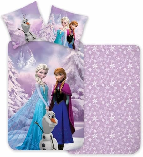 BrandMac Parure de Lit Reine des Neiges, 100% Coton, Housse de Couette pour Petit Lit 100x135 cm + Taie d'oreiller 40x60 cm, Réversible, avec Elsa, Anna et...