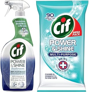 Cif Power & Shine Bathroom Soap & Limescale Removal Cleaner Spray for Tough Dirt 700 ml and Cif Power & Shine Antibacterial Wipes Original 90s Bundle Pack