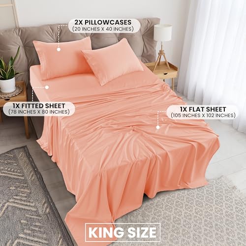 LUX Décor King Sheet Set – 6 Piece Ultra-Soft Microfiber Bed Sheets with Flat Sheet, 16 Inches Deep Pocket Fitted Sheet & Pillowcases, Cooling & Breathable Hotel Luxury, Oeko-TEX – Coral