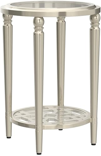 Miniatura 26 de COSIEST Mesa auxiliar redonda, mesa auxiliar de cristal con marco de madera, mesita de noche dorada champán con estilo moderno para sala de estar,