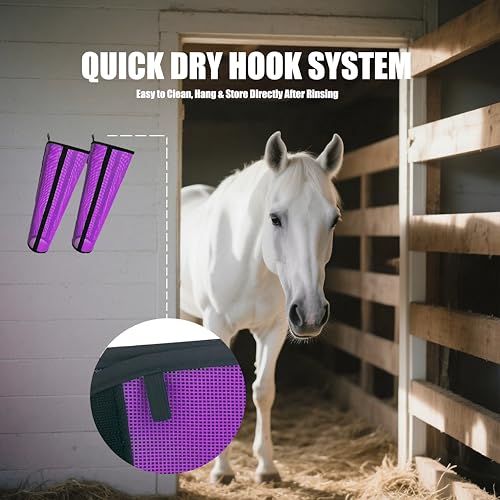 Mesh Horse Fly Boots Set of 4, Loose Fitting Shoofly Leggings for Horses with Breathable & Adjustable, Fly Leg Wraps for Horses Stop Annoying Stomping, Stay-on Comfortable Shoo Fly Boots (Purple)