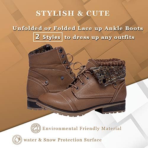 Women’s Knitted Cuff Ankle Booties Lace up Combat Boots Folded Collar Stylish Snow Boots Hiking Shoes (8.5, Taupe) | Image 1