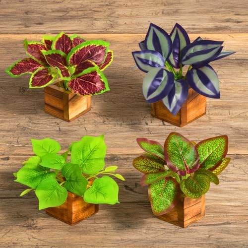 Image of DecoreBugs Artificial Leaves Potted Plants in Wooden Pot (4 Pack) Money Plant | Small Plants for Home Decor | Office Decor