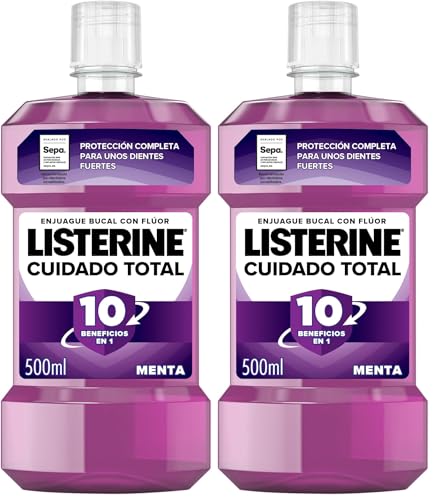 Listerine Cuidado Total (1x500 ml), enjuague bucal con alcohol, colutorio encías con 10 beneficios en 1, elixir bucal con 12 h de protección, para unos dientes blancos (Paquete de 2)