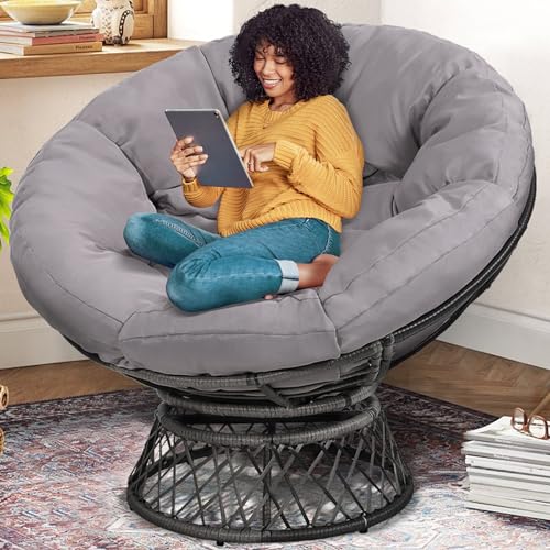 KROFEM 46' Giant Oversized Rattan Papasan Chair with Cushion and Frame for Adults, Fluid 360° Swivel, Waterproof, Grey Frame with Light Grey Cushion
