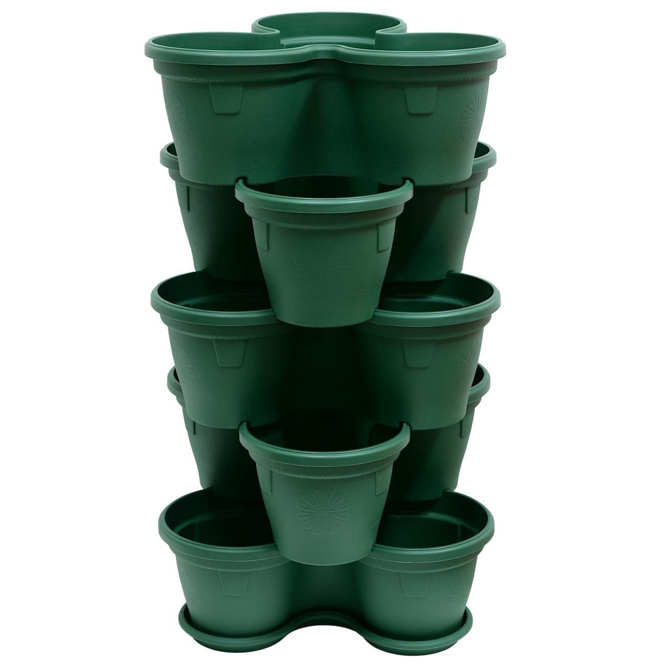 5X Blumentopf, Säulentopf, Pflanzturm, Hochbeet, Pflanztopf-Kübel mit Untersetzer, stapelbar, widerstandsfähig, Kunststoff, für Aussenbereich, 55 Liter, Farbe: Moos-Grün