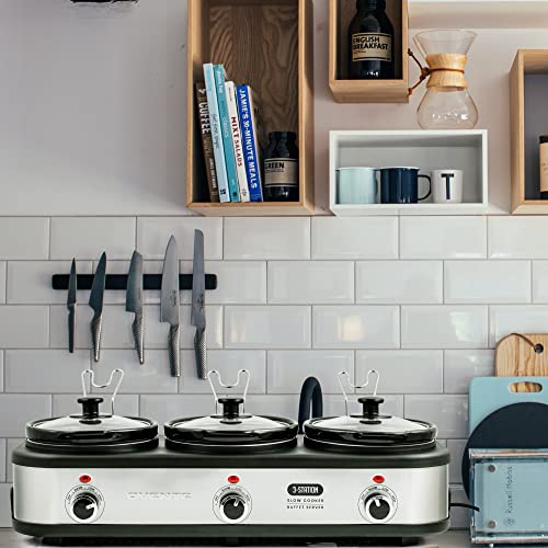 Image of OVENTE Electric Triple Slow Cooker, 4.5Qt Buffet Server, Silver SLO315CBR | 300W Portable Three 1.5Qt Pots, Adjustable Heat Settings, Easy to Monitor & Clean, Perfect for Entertaining