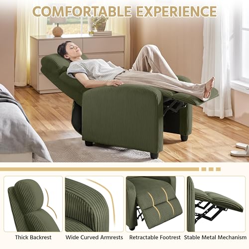 Yaheetech Corduroy Recliner Chair Single Sofa Home Theater Seating Adjustable Modern Reclining Chair for Living Room Bedroom Home Theater Dark Green