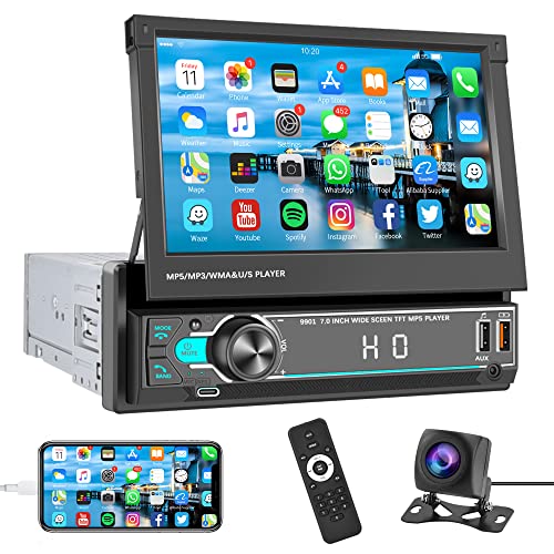 Autoradio 1 Din avec Type C Charge Bluetooth Mains Libres iOS/Android Lien Miroir 7 Pouces Escamotable Autoradio avec Bluetooth FM Radio/TF/USB/AUX/Type C/EQ Commande au Volant + Caméra de Recul
