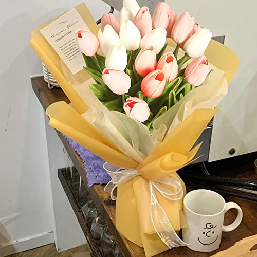 hanlongyu Tulips Artificial Flowers for Table Decor, Fake Artificial Bouquets, Realistic Tulips Flowers Decor for Wedding Party Office Kitchen Home Decor, 10 White & 10 Light Pink image 8