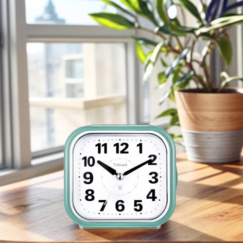 Image of Tinload 4.3 inch No Ticking Analog Alarm Clock,Silent Readable for Seniors,Easy to Set,Gradual Rise Alarm,Big Numbers,On /Off Switch on Side,Gentle Wake,Snooze,Lighted on Demand,Battery Operated,Green